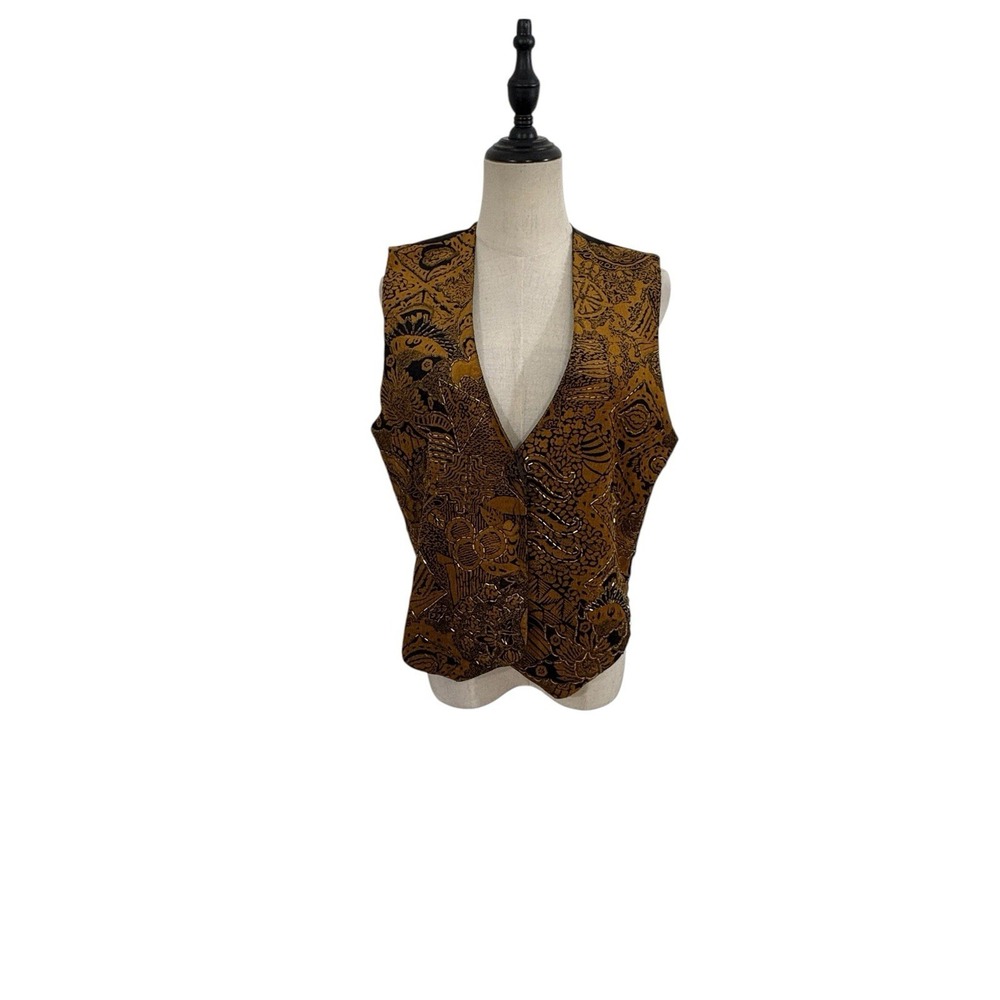 Vtg 90s Corduroy Beaded Vest Women's Brown Black Abstract Pattern Boho Waistcoat